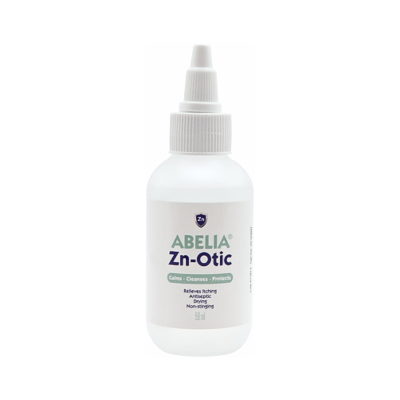 Frasco branco de produto ABELIA Zn-Otic com tampa conta-gotas