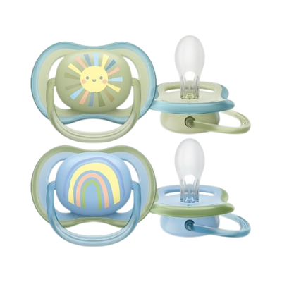 Conjunto de chupetas para bebé com desenhos de sol e arco-íris em cores suaves