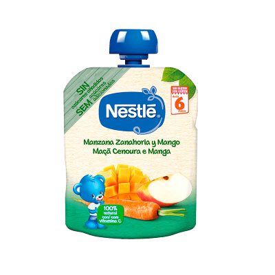 Embalagem Nestlé para puré de maçã, cenoura e manga com tampa azul