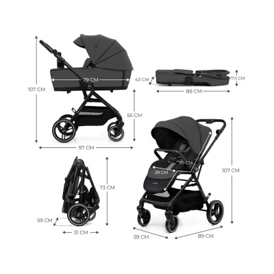 Carrinho de bebé preto em várias configurações com medidas em centímetros
