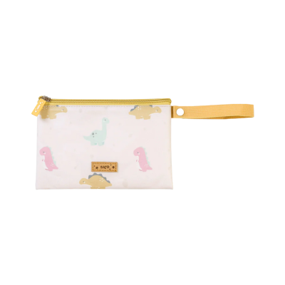 Estojo branco com desenhos de dinossauros coloridos e alça amarela