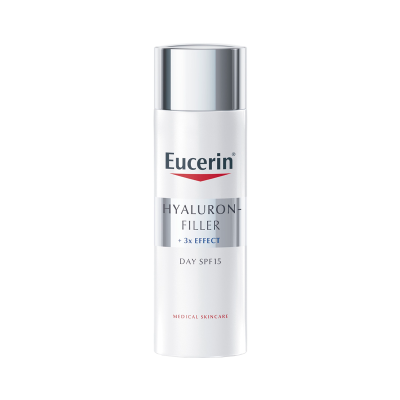 Frasco branco de Eucerin Hyaluron-Filler com tampa prateada