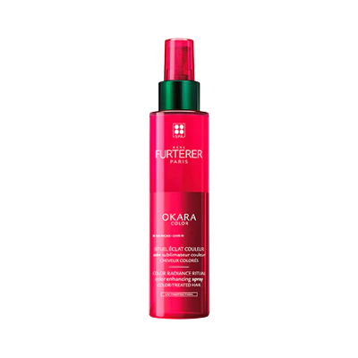 Frasco vermelho de spray para cabelo colorido René Furterer Okara Color