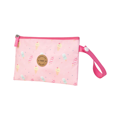 Estojo rosa com padrão de gelados e pirulitos sorridentes e pega lateral