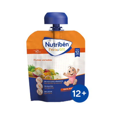 Embalagem de puré de fruta Nutriben Fruta GO! com tampa azul e imagem de bebé