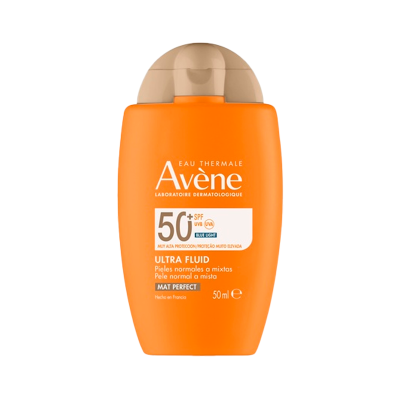 Frasco laranja de protetor solar Avène Ultra Fluid SPF 50+