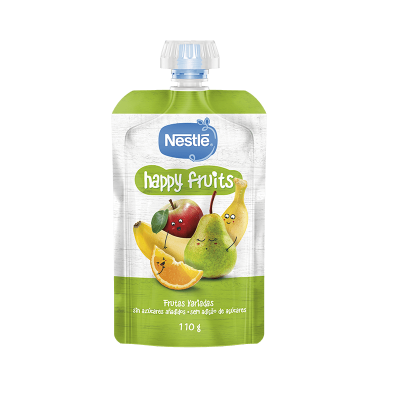 Embalagem de puré Nestlé Happy Fruits verde e branco com ilustrações de frutas