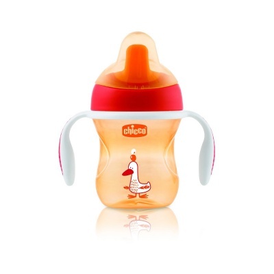 Biberão de treino laranja com pega e desenho de pato