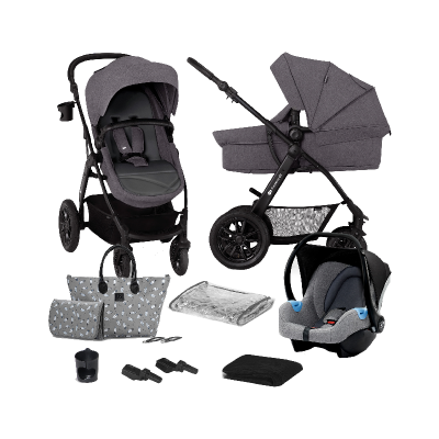 Conjunto de carrinho de bebé cinzento, cadeirinha de carro, saco de maternidade, manta, capa e acessórios