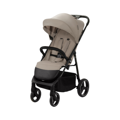 Carrinho de bebé bege com estrutura preta e rodas