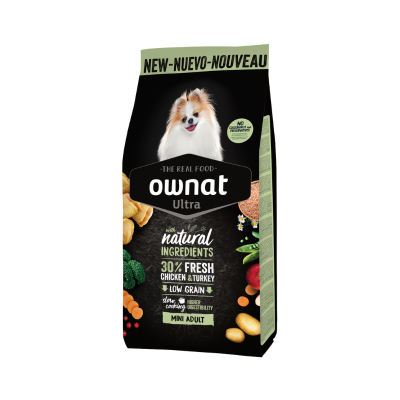 Pacote de comida para cães Ownat Ultra com imagem de cão pequeno e texto informativo