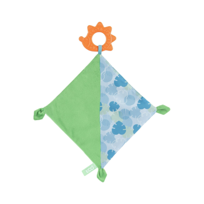 Brinquedo de bebé quadrado com padrão de folhas azuis, lado verde e brinquedo laranja de dinossauro