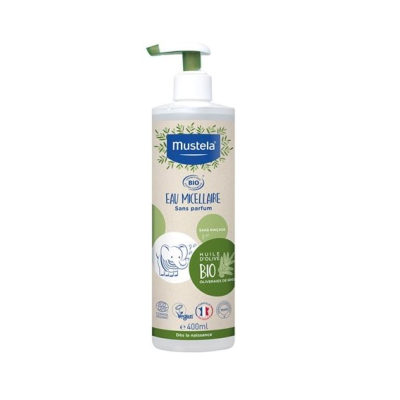 Frasco branco Mustela Bio Eau Micellaire com doseador verde