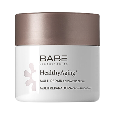 Frasco branco de creme BABE HealthyAging com tampa castanha