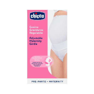 Embalagem de cinta de maternidade ajustável branca da Chicco com texto em rosa e branco