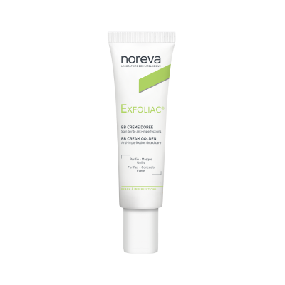 Embalagem branca para creme BB Exfoliac da Noreva com texto verde e preto
