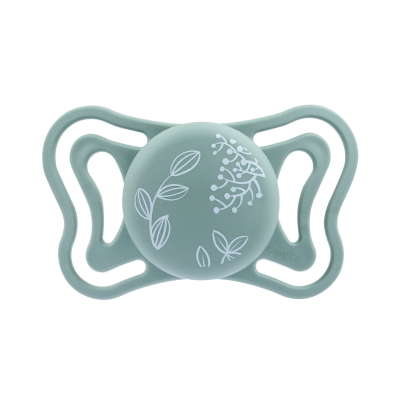 Chupeta silicone verde água com padrão folhas brancas e design ondulado