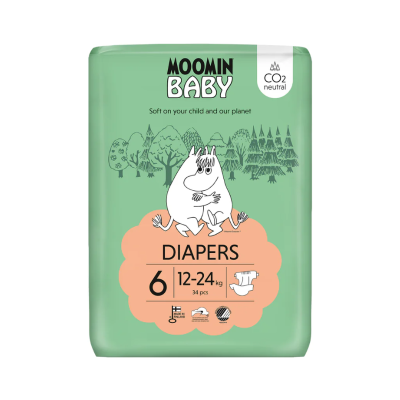 Pacote de fraldas Moomin Baby verde com ilustração e indicação de tamanho
