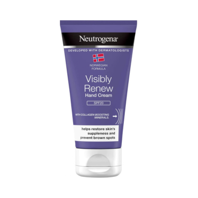 Tubo de creme para as mãos Neutrogena Visibly Renew roxo com tampa branca