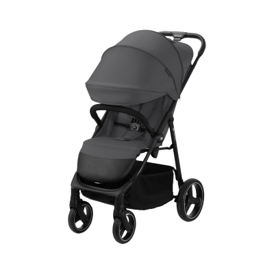 Carrinho de bebé preto com capota ampla e barra frontal almofadada
