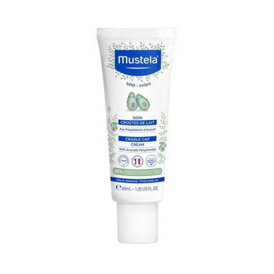 Tubo branco de creme Mustela com ilustração de abacate