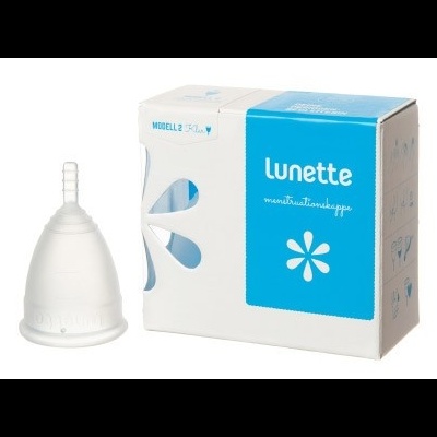 Copo menstrual Lunette branco ao lado da caixa azul e branca
