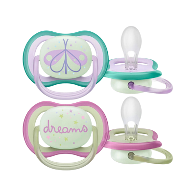 Quatro chupetas para bebé em cores pastel com decoração de borboleta e texto