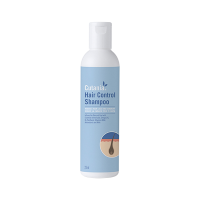 Frasco de shampoo Cutanía Hair Control azul e branco com texto e imagem de raiz capilar