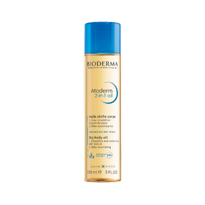 Frasco de óleo corporal Atoderm 2-in-1 da BIODERMA com tampa azul