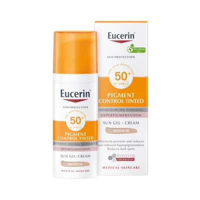 Frasco e caixa de creme solar Eucerin Pigment Control Tinted SPF 50+