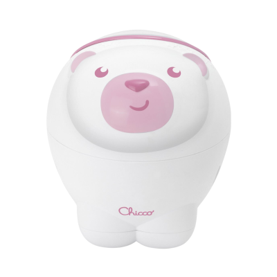 Recipiente plástico em forma de urso branco e rosa com logo Chicco