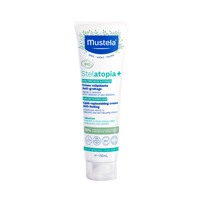 Tubo branco de creme Mustela Stelatopia+ 150 mL