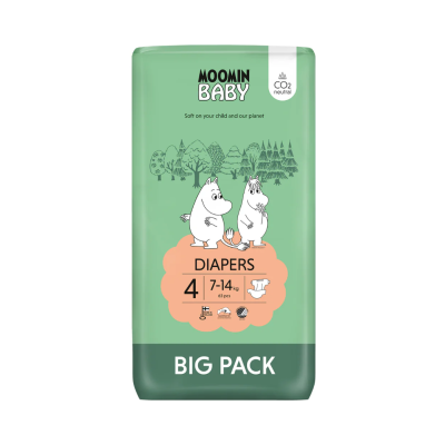 Pacote verde com fraldas MOOMIN BABY tamanho 4 para bebés entre 7 e 14 kg