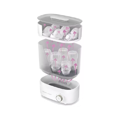 Esterilizador elétrico branco para biberões com tampa transparente e suportes ajustáveis