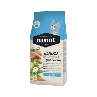 Saco de ração Ownat Classic Kitten com ingredientes naturais e frango fresco, imagem de gato cinzento