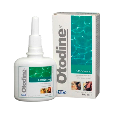 Frasco branco com solução auricular Otodine para cães e gatos e sua caixa exterior