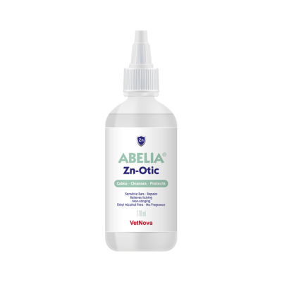 Frasco branco de plástico com tampa conta-gotas e rótulo do produto ABELIA Zn-Otic