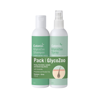 Pack Cutanía GlycoZoo com shampoo e spray em embalagens brancas com rótulos verdes e texto informativo.