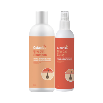 Frascos de shampoo e spray Cutanina GlycOat, com rótulos em tons de laranja e texto em inglês e português.