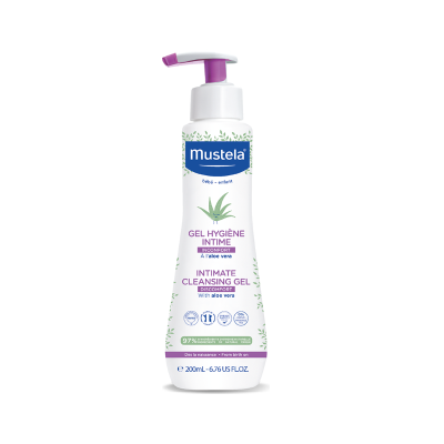 Frasco branco com dispensador roxo de gel de limpeza íntima Mustela