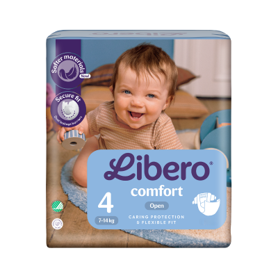 Embalagem de fraldas Libero Comfort tamanho 4 com imagem de bebé sorridente