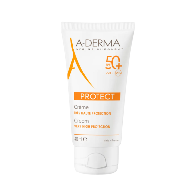 Frasco branco de creme A-DERMA PROTECT com proteção SPF 50+