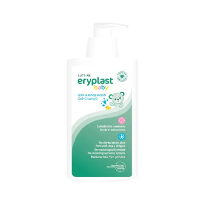 Frasco de plástico branco com tampa de bomba com rótulo verde e texto multilingue