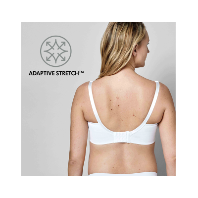 Mulher de costas com soutien branco e texto Adaptive Stretch™