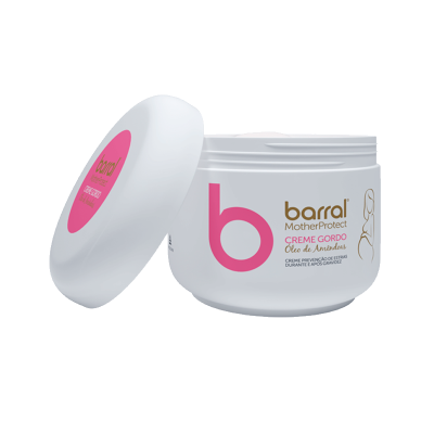 Frasco de creme branco Barral MotherProtect com tampa aberta ao lado