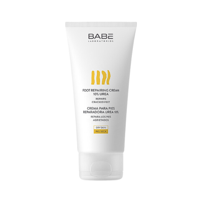 Frasco branco de creme para pés BABE com texto em inglês e espanhol