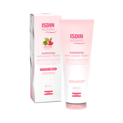 Creme anti-strias ISDIN Woman 250ml em embalagem branca e rosa com frutas vermelhas