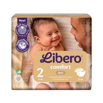 Pacote de fraldas Libero comfort tamanho 2 com imagem de bebé e adulto