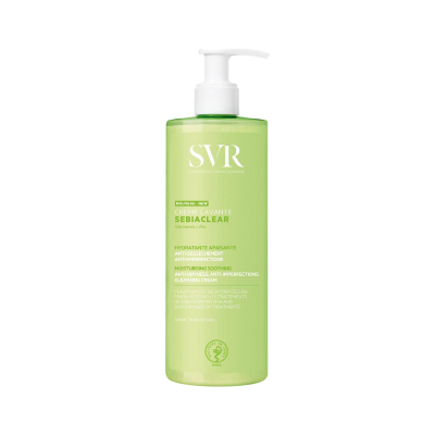 Frasco verde de creme de limpeza hidratante SVR Sebiaclear 400 ml com doseador branco