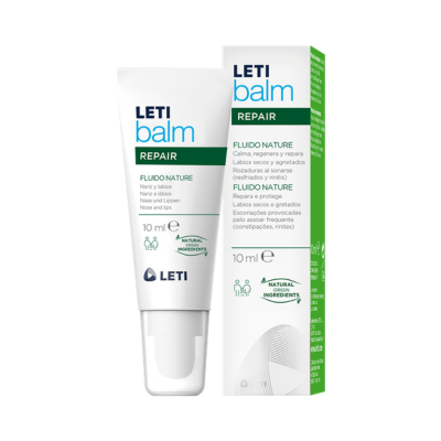 Tubo e caixa do creme LETI balm REPAIR FLUIDO NATURE para nariz e lábios, 10 ml.